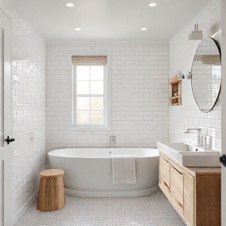 Banheiro atemporal com cores neutras e revestimento clássico.