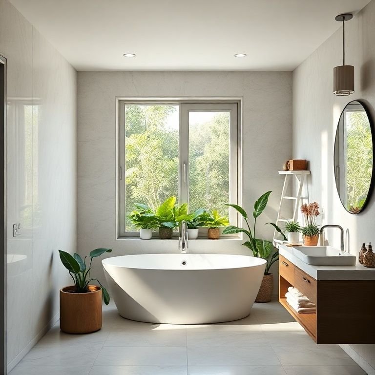 Banheiro bem ventilado com janela aberta e plantas.