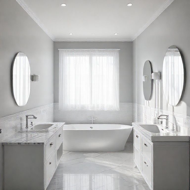 Banheiro cinza claro, amplo e bem iluminado com decoração minimalista.