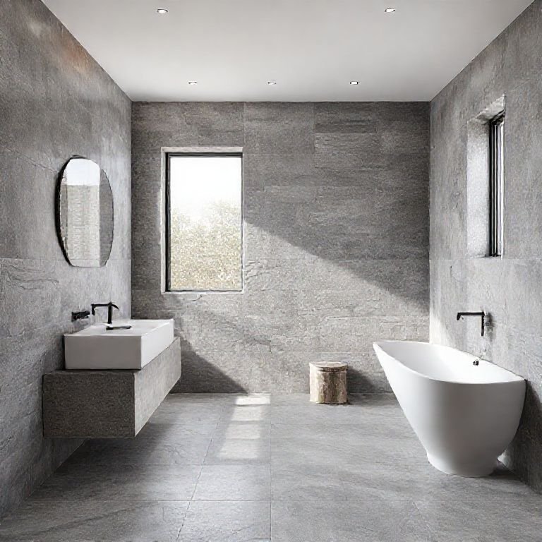 Banheiro cinza com revestimentos texturizados e design moderno.