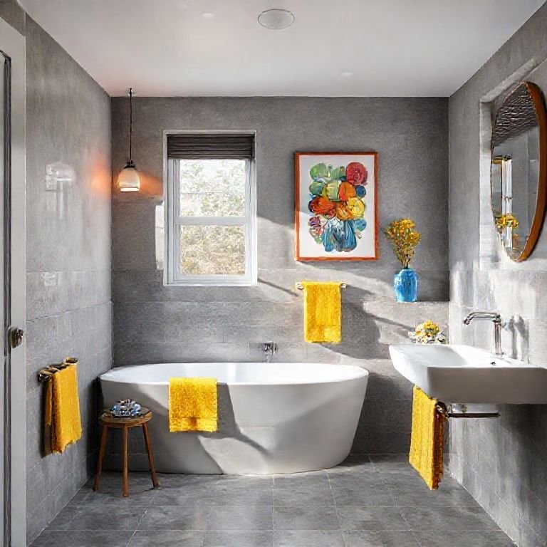 Banheiro cinza com toques de cores vibrantes, alegre e personalizado.