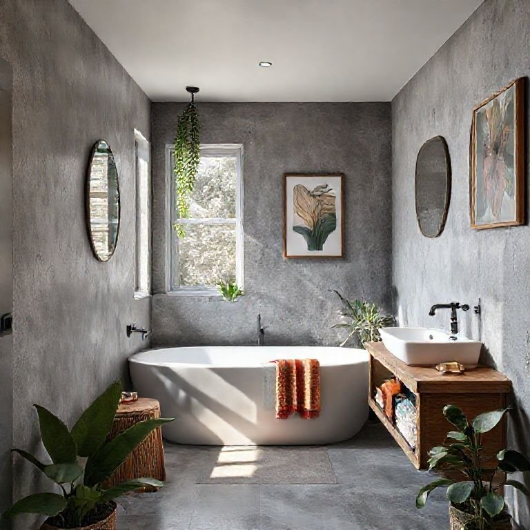 Banheiro cinza com toques de madeira e cores para não ficar sem graça.