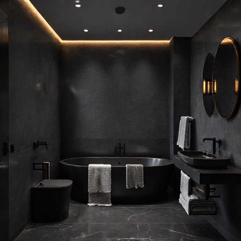 Banheiro cinza escuro com detalhes em dourado e iluminação ambiente.