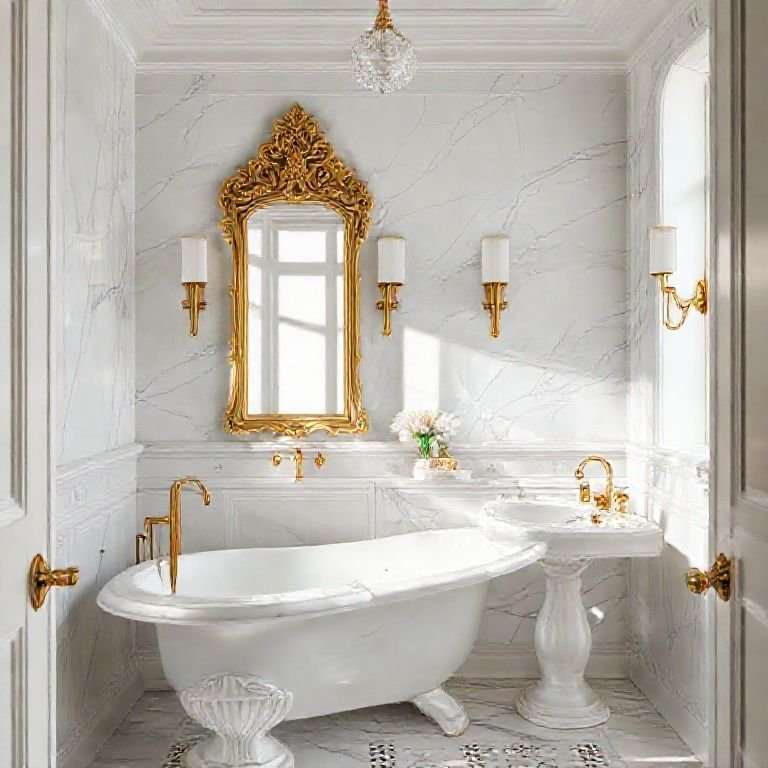 Banheiro clássico com mármore branco e detalhes em dourado.