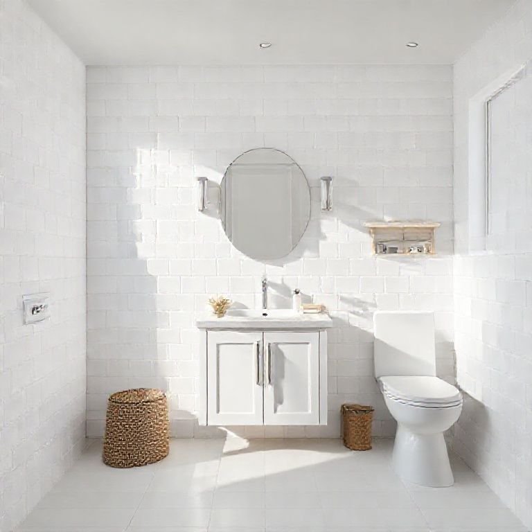 Banheiro clean com azulejos brancos e decoração minimalista.