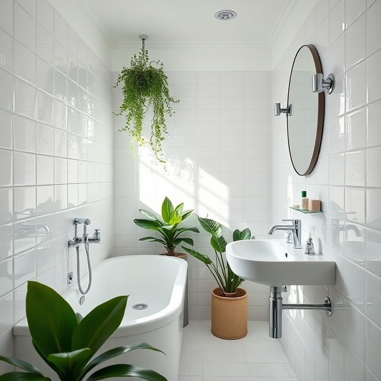 Banheiro com acessórios cromados e plantas.