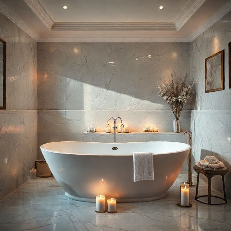 Banheiro com banheira de hidromassagem e iluminação suave.