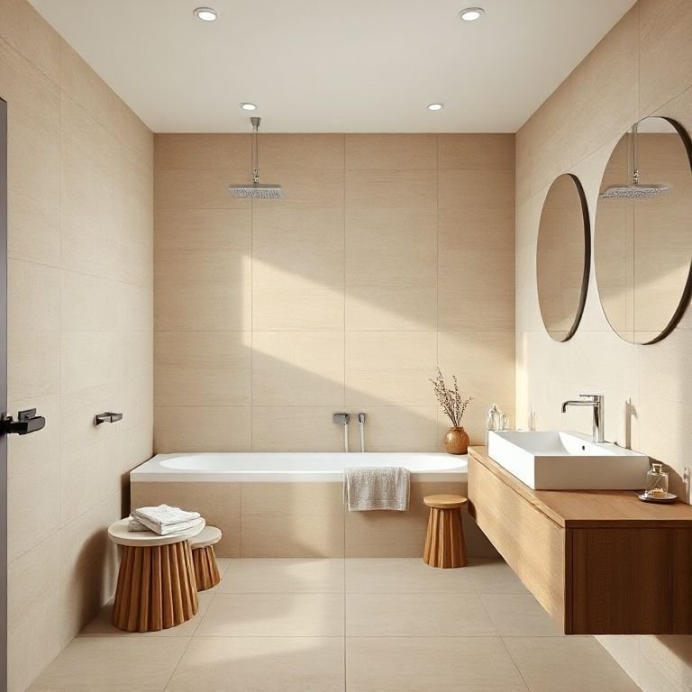 Banheiro com cores neutras e revestimentos acessíveis.