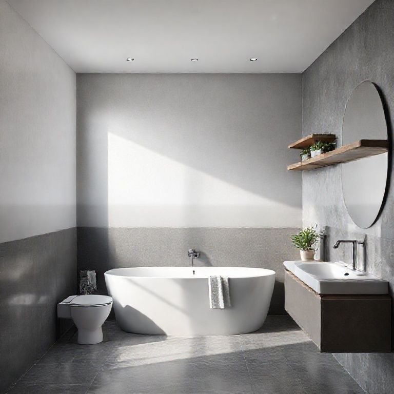 Banheiro com degradê de tons de cinza na parede, design moderno.