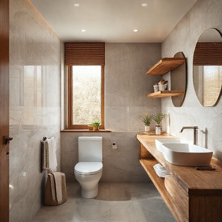 Banheiro com detalhes em madeira adicionando calor e textura natural.