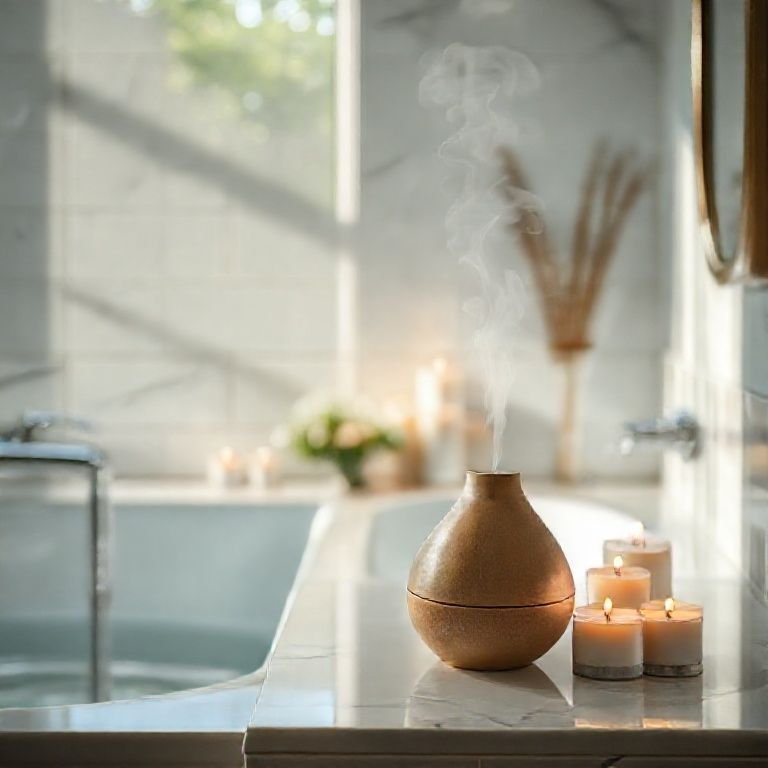 Banheiro com difusor de fragrância e velas perfumadas criando um aroma agradável.