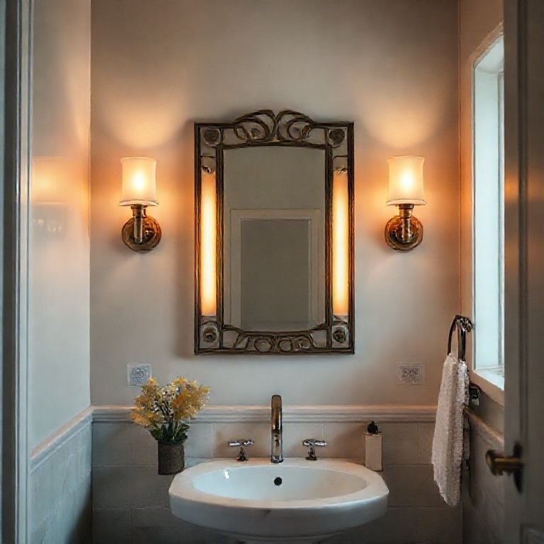 Banheiro com iluminação aconchegante e espelho decorativo.