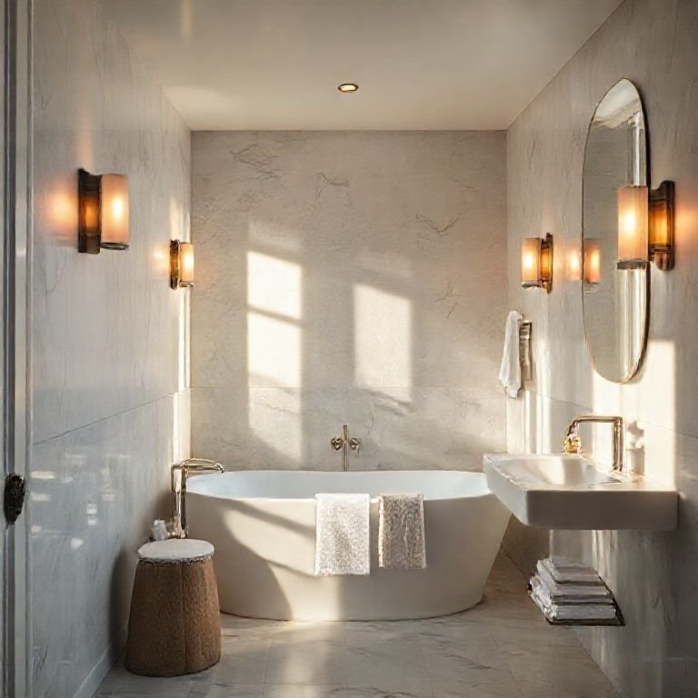 Banheiro com iluminação suave e ambiente criando uma atmosfera relaxante.