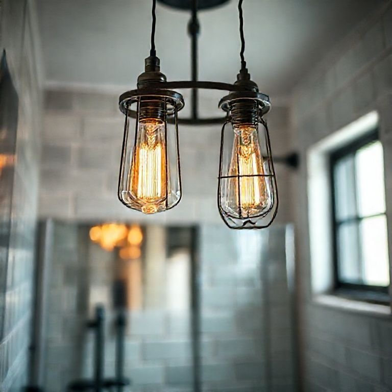 Banheiro com luminárias pendentes de lâmpadas Edison.