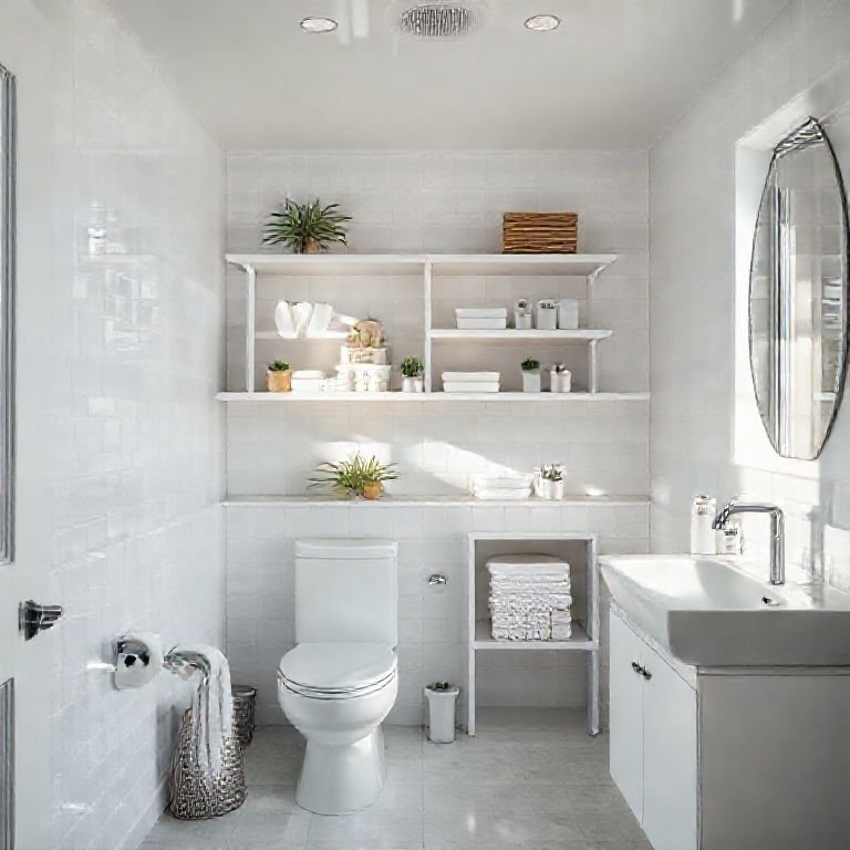 Banheiro com organização impecável e decoração minimalista.