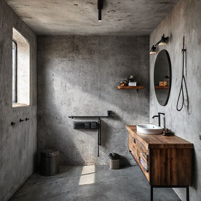 Banheiro com paredes de concreto e prateleiras de metal no estilo industrial.