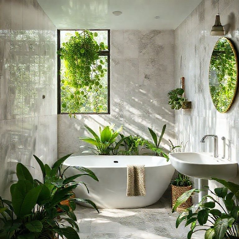 Banheiro com plantas verdes e iluminação natural.