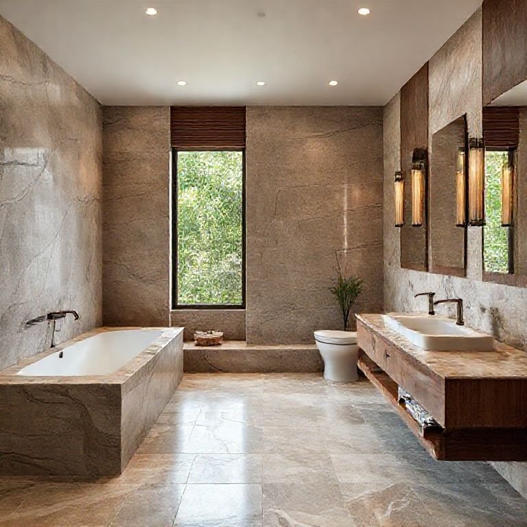 Banheiro com revestimentos em pedra natural e detalhes em madeira.