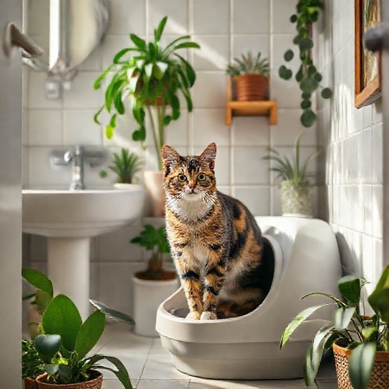 Banheiro de apartamento decorado com caixa de areia estilosa e gato usando.