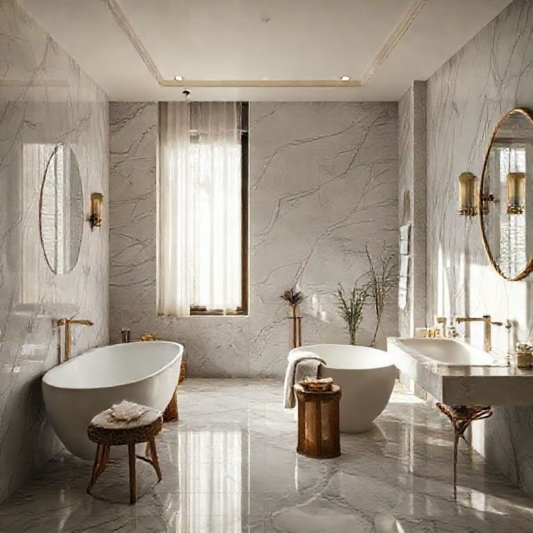 Banheiro de luxo com acessórios elegantes e iluminação natural.