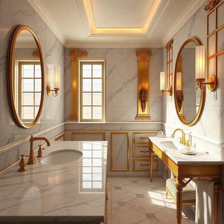 Banheiro de luxo com detalhes dourados.