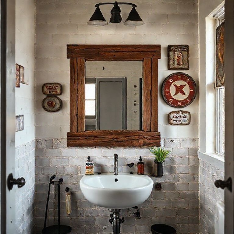Banheiro decorado com placas de metal vintage e espelho com moldura de madeira.