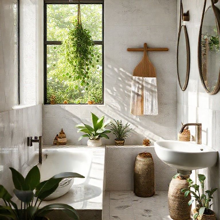 Banheiro ecológico com acessórios de cerâmica sustentáveis.