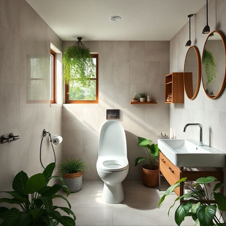 Banheiro ecológico com vaso sanitário Weasy e materiais sustentáveis.