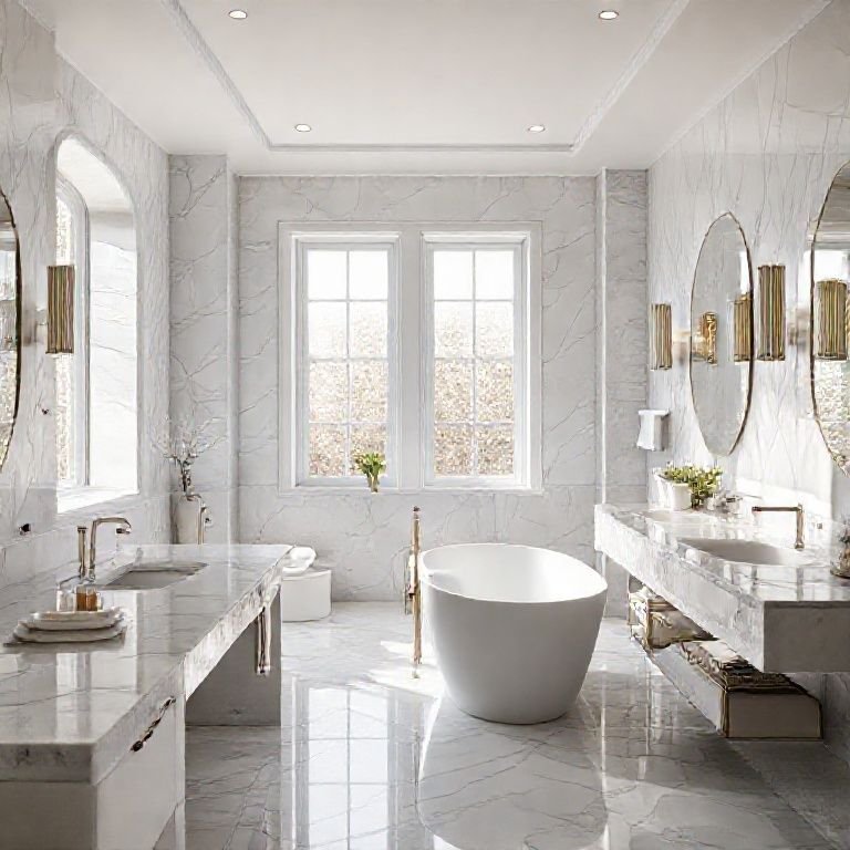 Banheiro elegante com banheira, mármore e decoração minimalista.