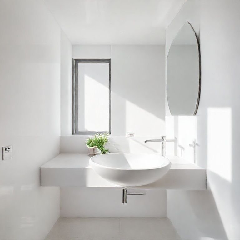 Banheiro elegante com pia esculpida em Corian.