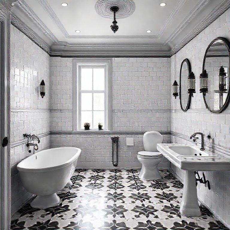 Banheiro elegante em preto e branco com ladrilho hidráulico.