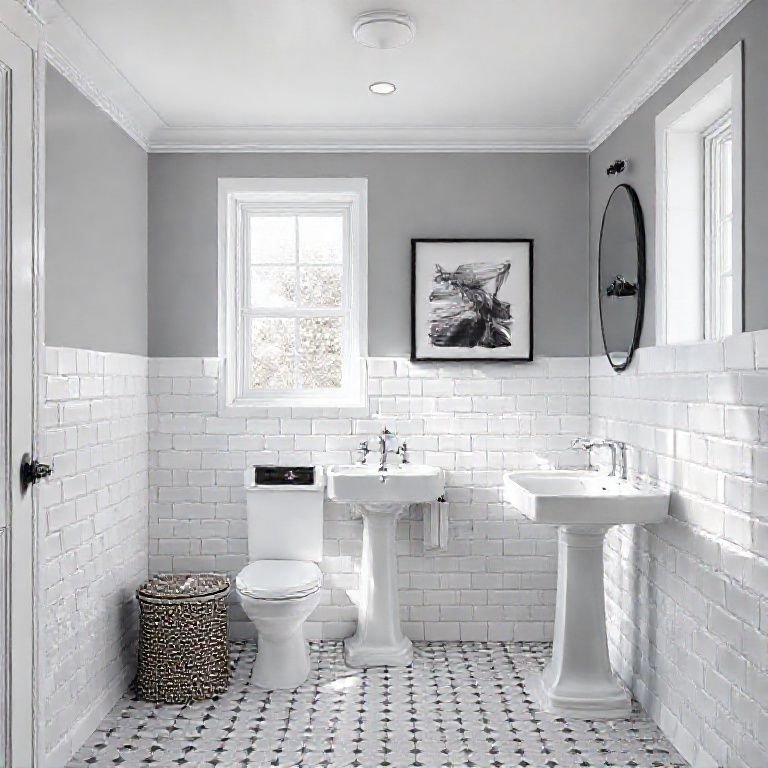 Banheiro em cinza e branco com azulejos subway e design clássico.