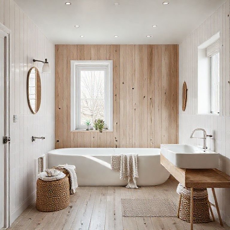 Banheiro escandinavo com madeira clara e paredes brancas.