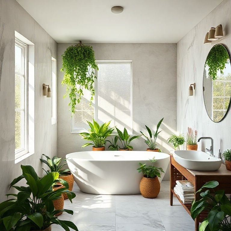 Banheiro iluminado com plantas e toques de natureza.