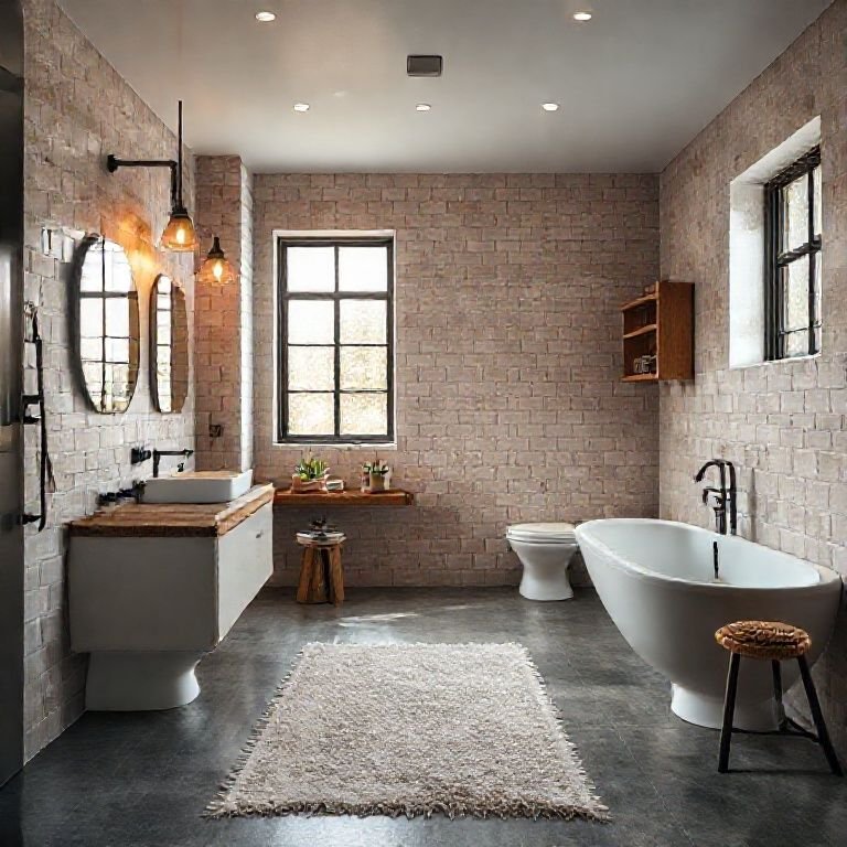 Banheiro industrial aconchegante com tapete macio e iluminação quente.