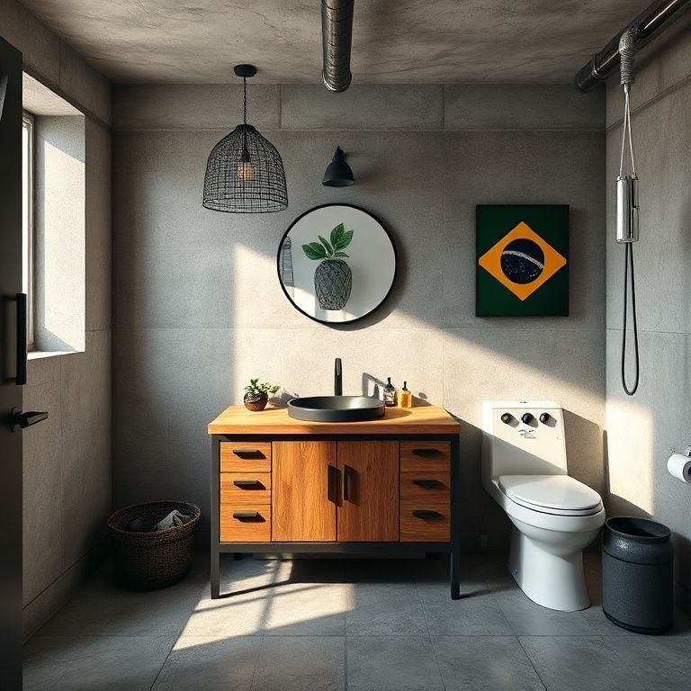 Banheiro industrial com bancada de madeira e metal e paredes de concreto.