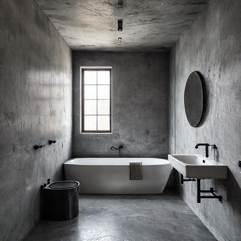 Banheiro industrial com paredes de concreto cinza e detalhes em metal preto.