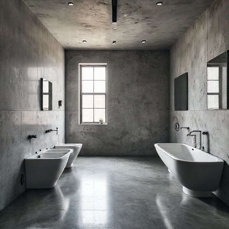 Banheiro industrial com piso de concreto polido.