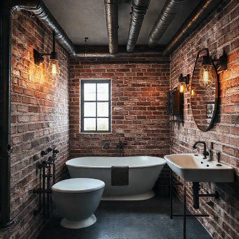 Banheiro industrial com tubulações aparentes e paredes de tijolo.