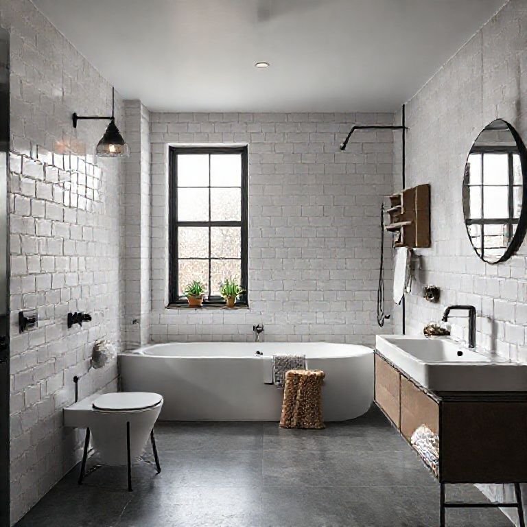 Banheiro industrial combinado com design escandinavo, com linhas limpas.