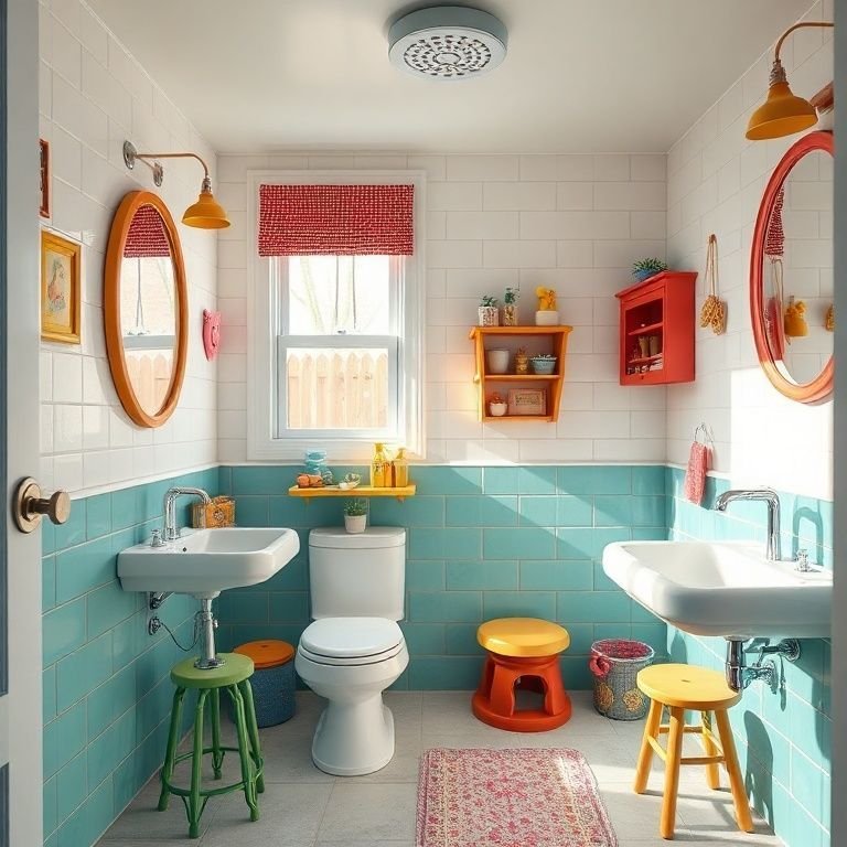 Banheiro infantil alegre e colorido, com decoração lúdica.