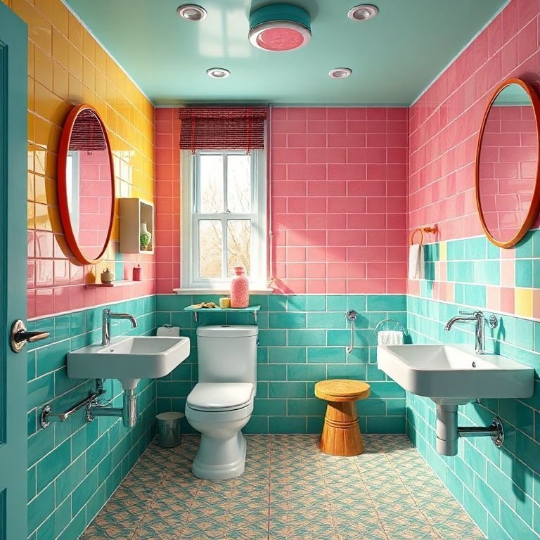 Banheiro infantil com cores vibrantes e design lúdico.