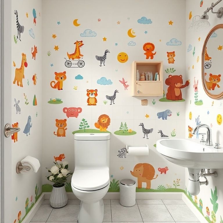 Banheiro infantil decorado com adesivos e papéis de parede temáticos.