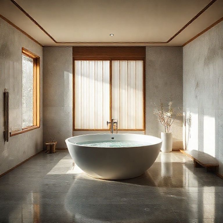 Banheiro japonês com banheira ofurô, iluminação natural e design minimalista.