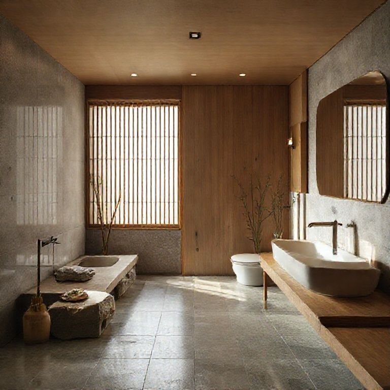 Banheiro japonês com madeira, pedra e bambu, iluminação suave.
