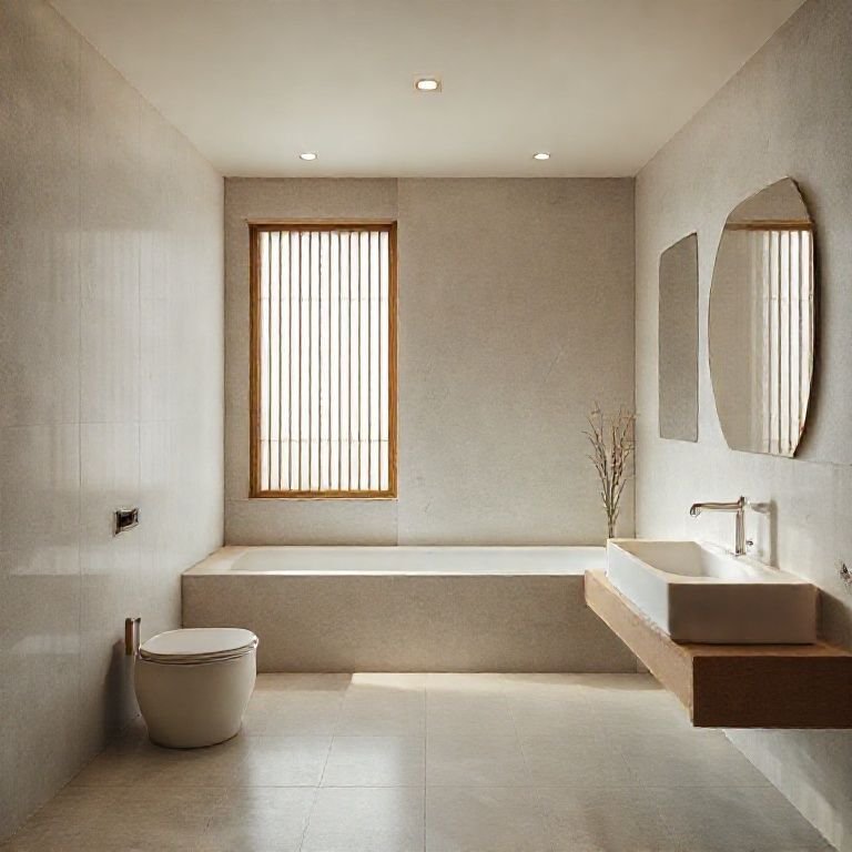 Banheiro japonês minimalista com linhas limpas e espaço organizado.