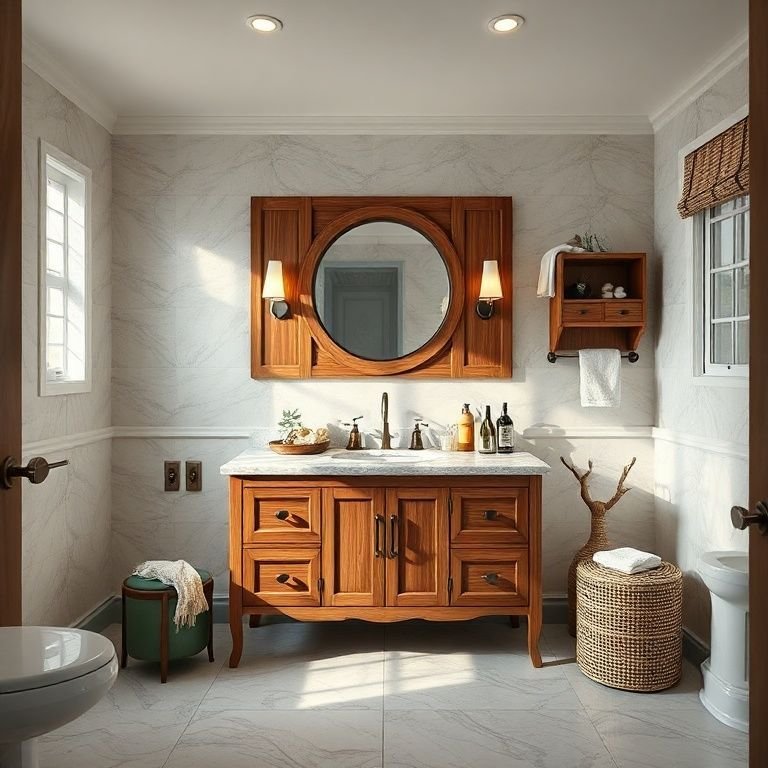 Banheiro luxuoso com bancada de madeira sob medida e decoração personalizada.