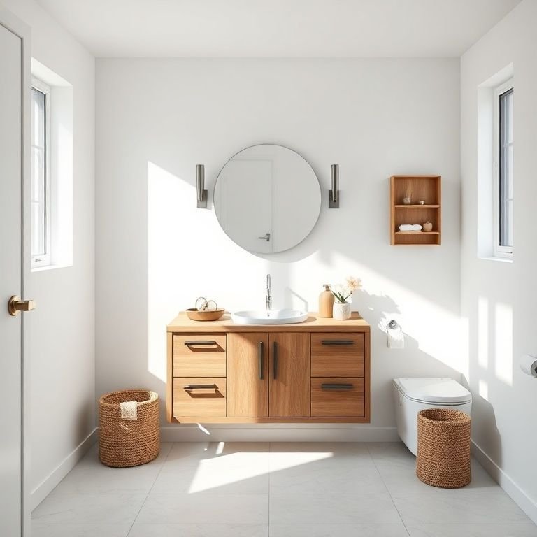 Banheiro minimalista com bancada de madeira elegante e paredes brancas.