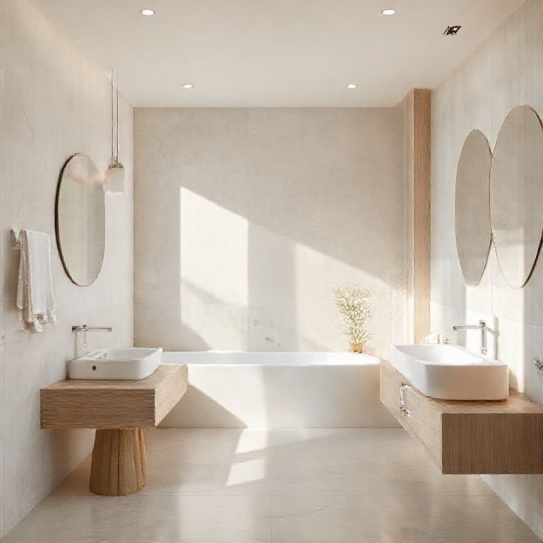 Banheiro minimalista com cores neutras e toques de madeira clara.