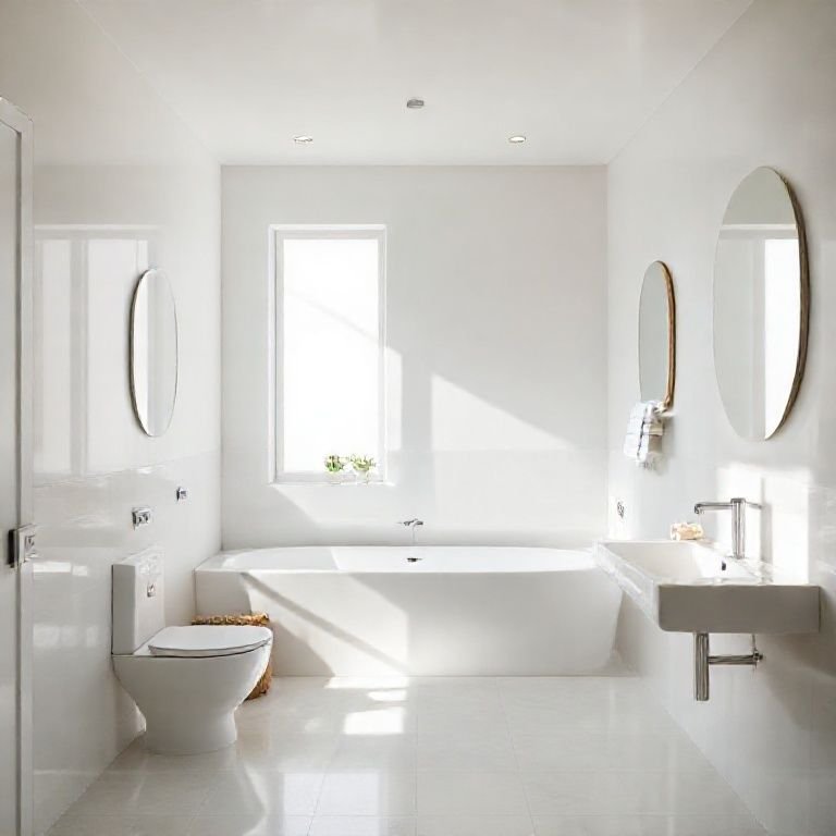 Banheiro minimalista com linhas limpas e iluminação natural.